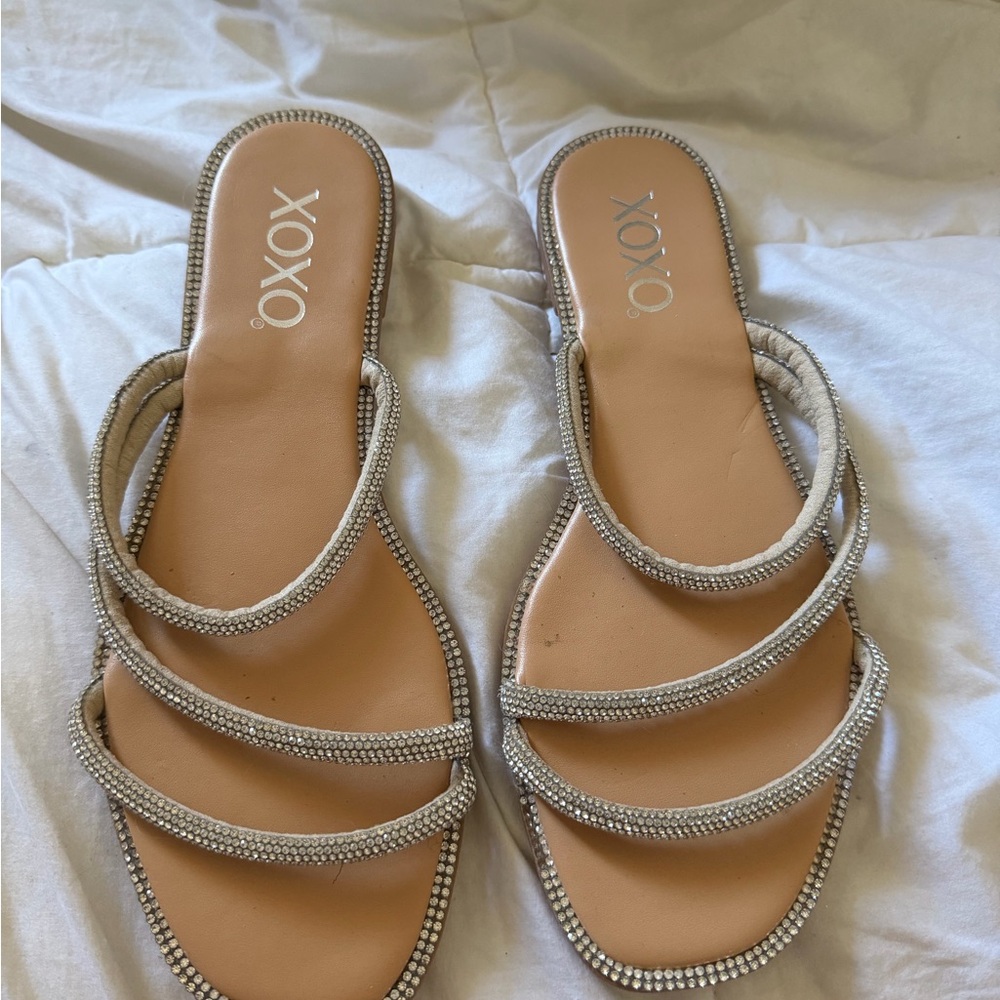 XOXO Silver Rhinestone Multi-Strap Slide Sandals
